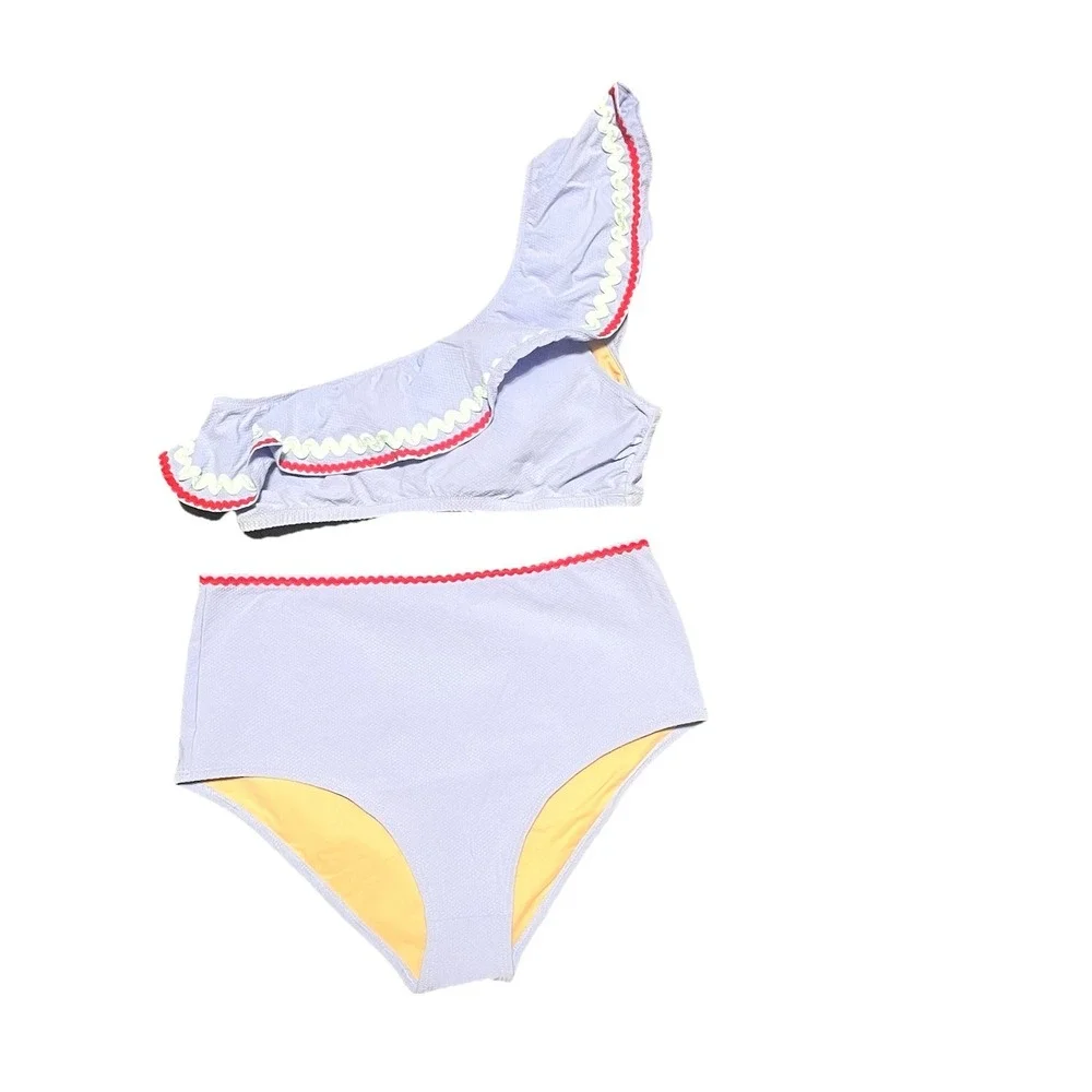J. Crew High‎ Waist One Arm Top Ruffle Rickrack Bikini Set Blue Size S/M Preppy